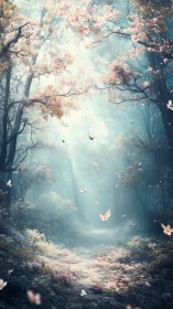 Misty Forest Path with Flowering Trees and Floating Butterflies