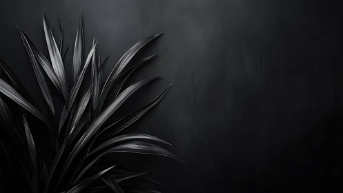 Monochrome plant leaves extend against dark textured wall