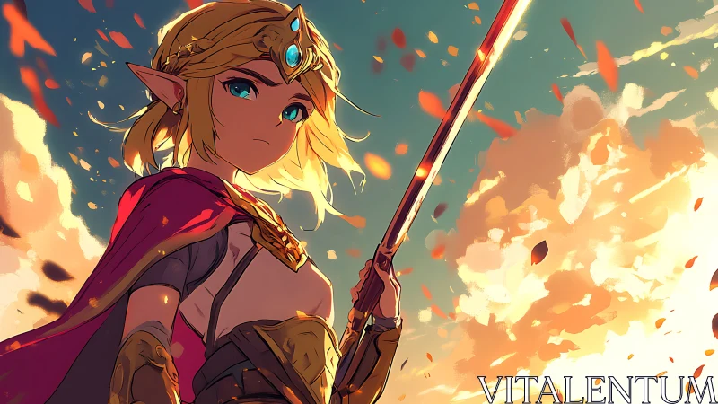 Elf warrior princess raises glowing sword at sunset sky.