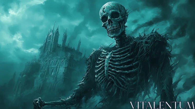 Colossal skeletal wraith guarding decayed neo‑gothic citadel