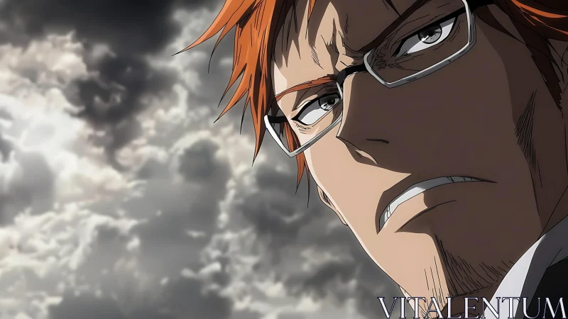 Storm-lit resolve in a sharp-eyed anime close-up portrait.