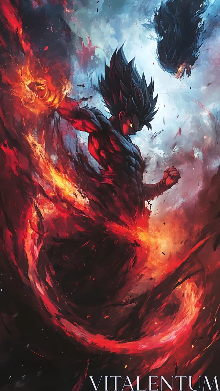 Fiery muscular warrior channels swirling red energy