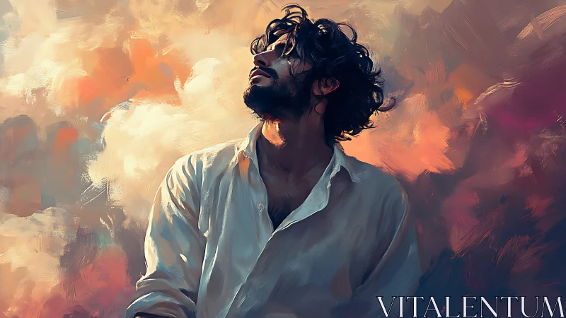 Figure in white shirt is rendered against diffuse cloud background