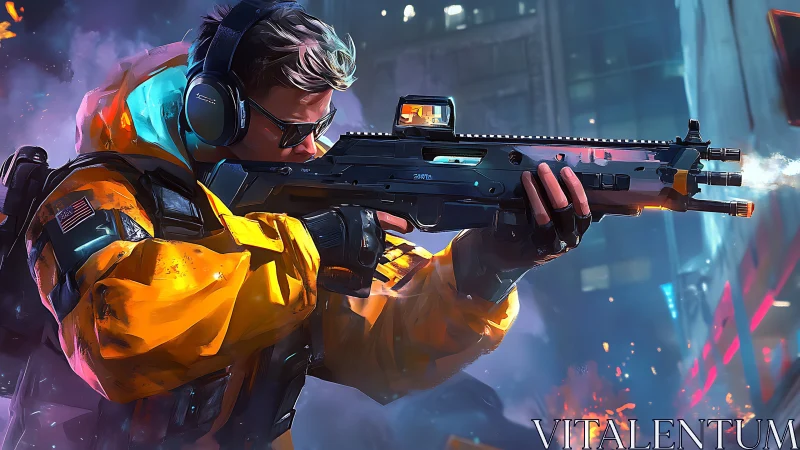 Cyber soldier aims tactical rifle amid neon firefight