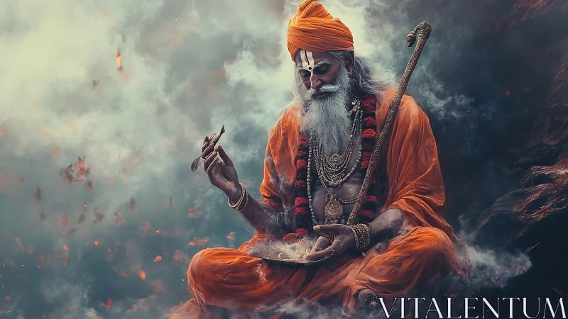 Mystical orange robed sage meditating in swirling smoke.