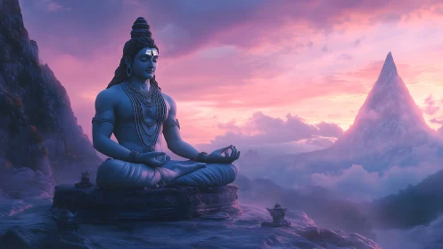Mythic yogic deity rendered in volumetric Himalayan twilight.