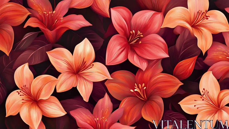 Red and orange lily flowers arranged on dark background.