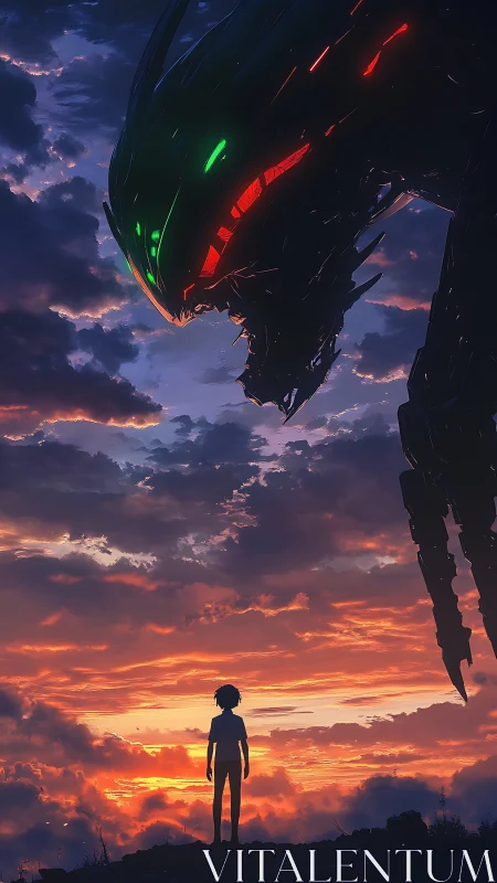 Child faces towering robotic dragon against blazing sunset