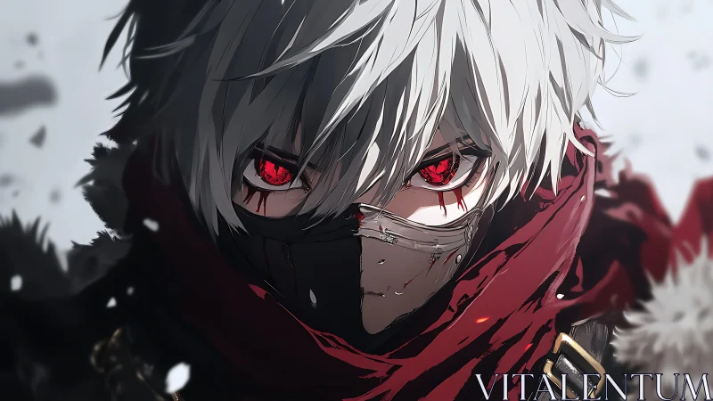 Masked silver-haired warrior glares forward in icy storm