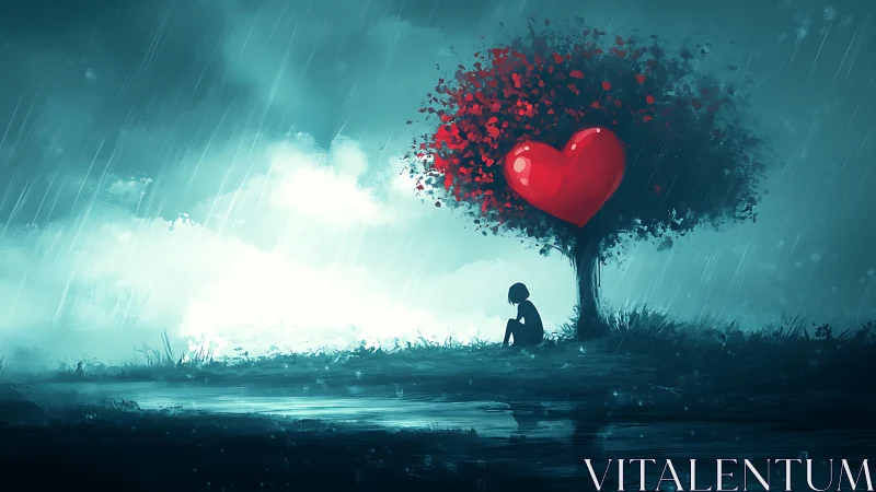 Solitary figure beneath heart-shaped tree in stylized rain scene