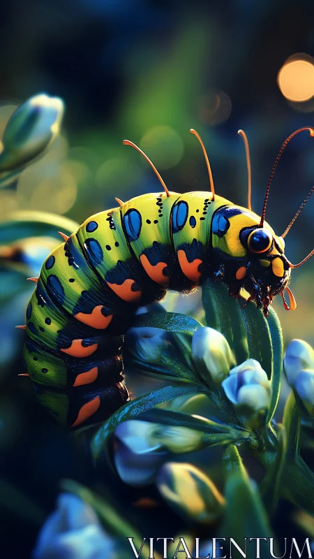 Macro study of vividly patterned caterpillar on cool-toned foliage