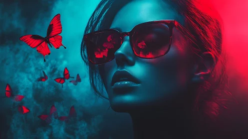 Woman in sunglasses is lit by bicolor light with butterflies