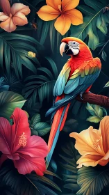 Vibrant scarlet macaw perches amid lush tropical blooms