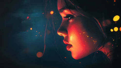 Side-lit female profile rendered in vivid neon chiaroscuro