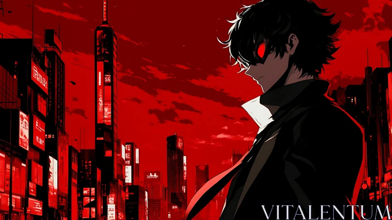 Dark urban antihero watches over neon city in red dusk.