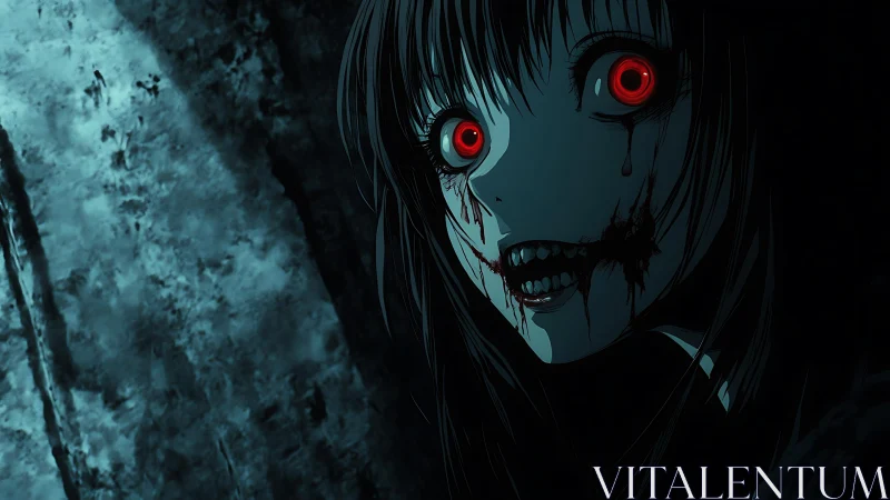 Bleeding-eyed anime figure in dark, high-contrast scene.