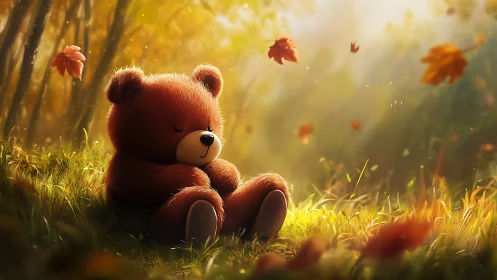 Digital bear character resting on grass in autumn light.