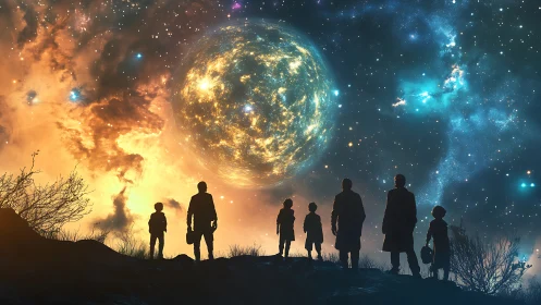 Stargazing silhouettes weigh dreams beneath a newborn sun