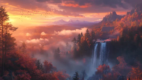 Golden autumn valley with dreamy waterfall and distant peaks.