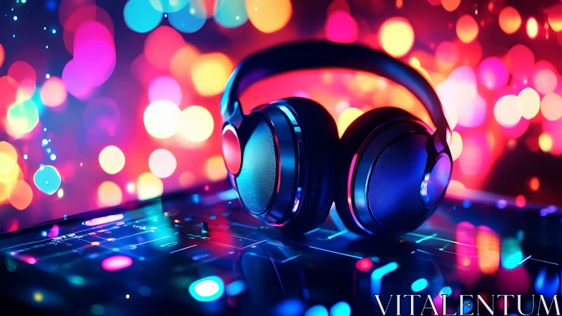Neon headphones rest on digital mixer amid vivid bokeh light
