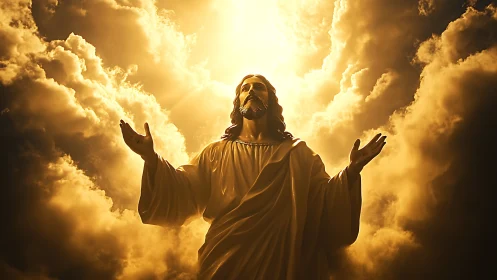 Radiant robed figure ascending amid golden heavenly light.