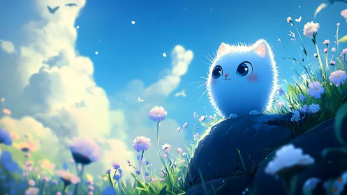 Ethereal Blue Feline Guardian Amid Blooming Garden under Crystalline Sky.