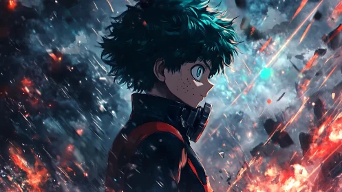 Profile portrait of teal haired anime teen amid explosive debris