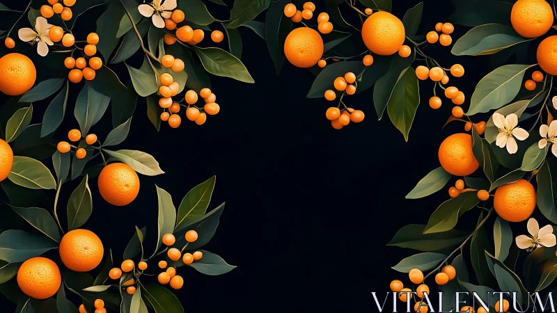 Ripe oranges and blossoms form an elegant dark-framed border.