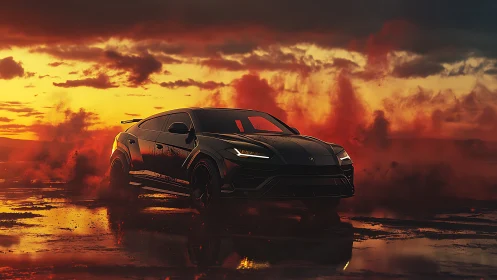 Black super SUV powers through dusk-lit wet desert plain