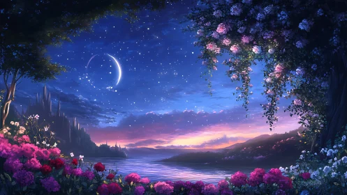 Moonlit blossom shore welcomes a dreamy starlit kingdom