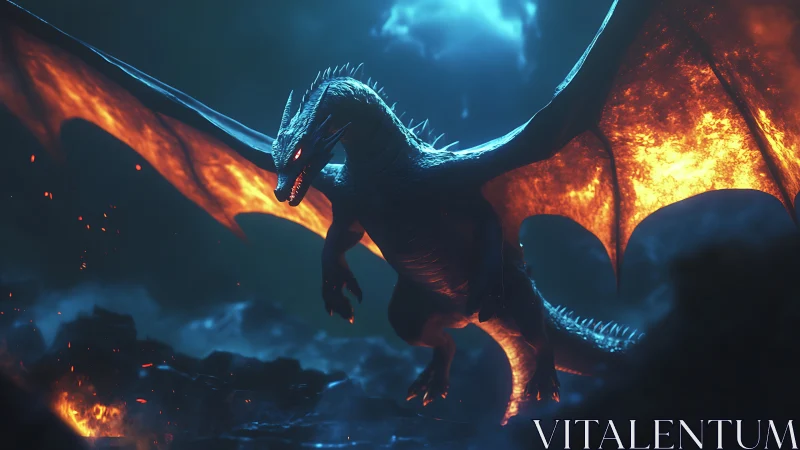 Volcanic dragon airborne over molten terrain in stormlit night