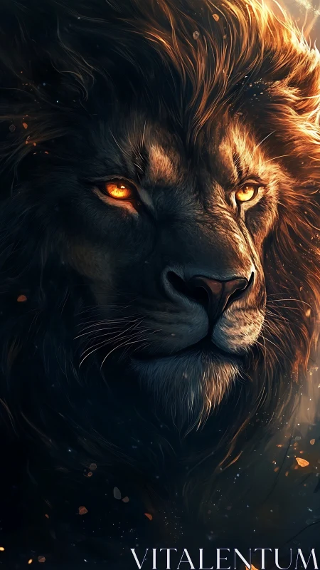 Digital close-up of lion head with glowing orange eyes.
