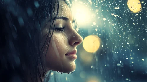 Young woman&rsquo;s side profile under rain with city bokeh lights