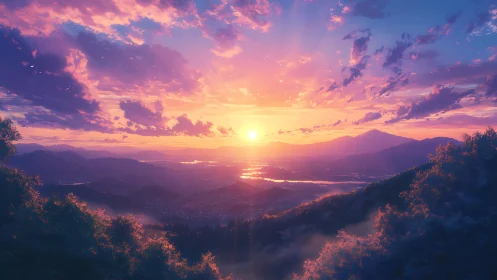 Digital sunset over distant city and layered mountains.