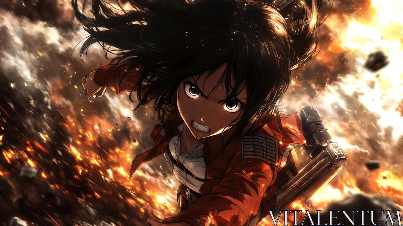 Dynamic anime soldier lunges through explosive debris field