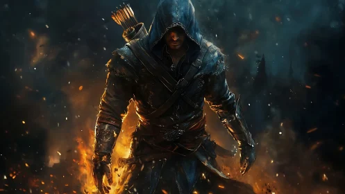 Hooded ember ranger strides from war-torn midnight flames.