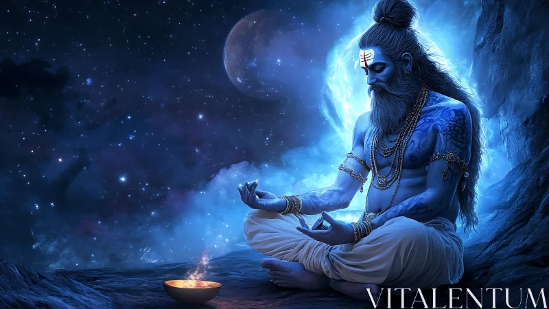 Blue meditative deity seated under starry cosmic night.