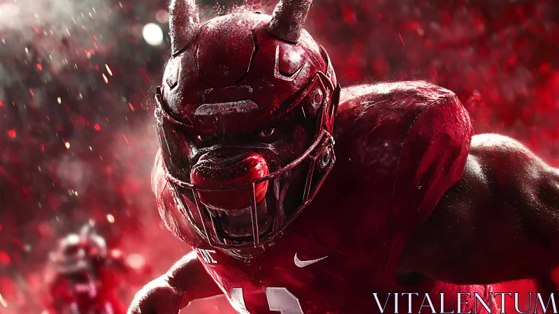 Demonic football warrior charges through red stadium storm