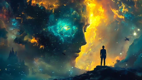 Stargazer meets a glowing cosmic spirit in swirling nebula.