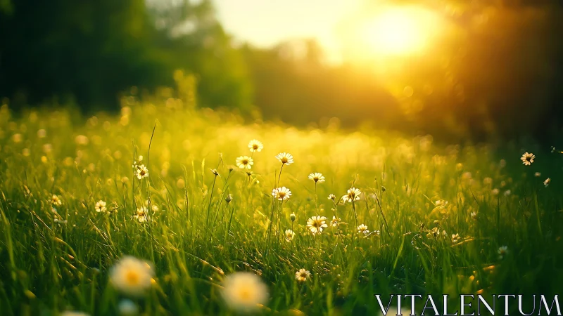 Backlit wildflower meadow under glowing golden sunset light.