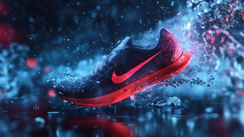 Dynamic red running shoe suspended in cinematic water splash.