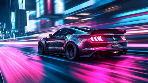 Neon muscle car racing through futuristic city streets.