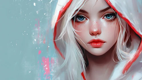 Digital portrait of pale girl in hood with high chroma contrast