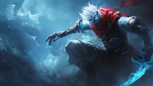 Masked ice assassin lunges through stormy blue misted skies