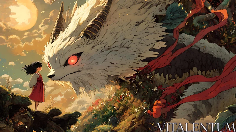 Girl confronts horned spirit beast amid burning sunset sky.