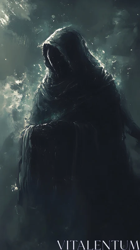 Hooded robed figure in dark environment with diffuse light.