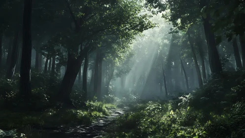 Ethereal Forest Cathedral Bathed in Luminous Rays.