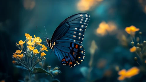 Midnight butterfly sips sunrise honey from glowing blooms