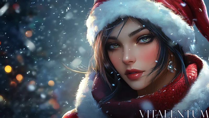 Snowy close-up of festive woman in red Santa hat portrait.