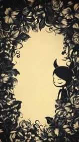 Melancholic horned girl stands amid ornate floral frame.